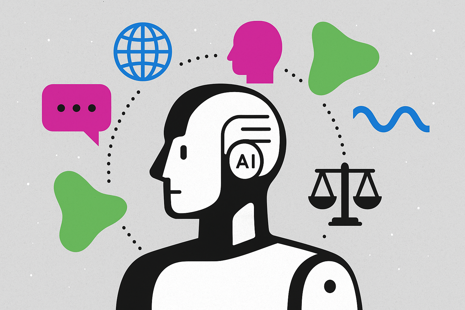 Black and white illustration of a humanoid AI surrounded by colorful cultural symbols including a globe, speech bubble, scale, and abstract shapes.