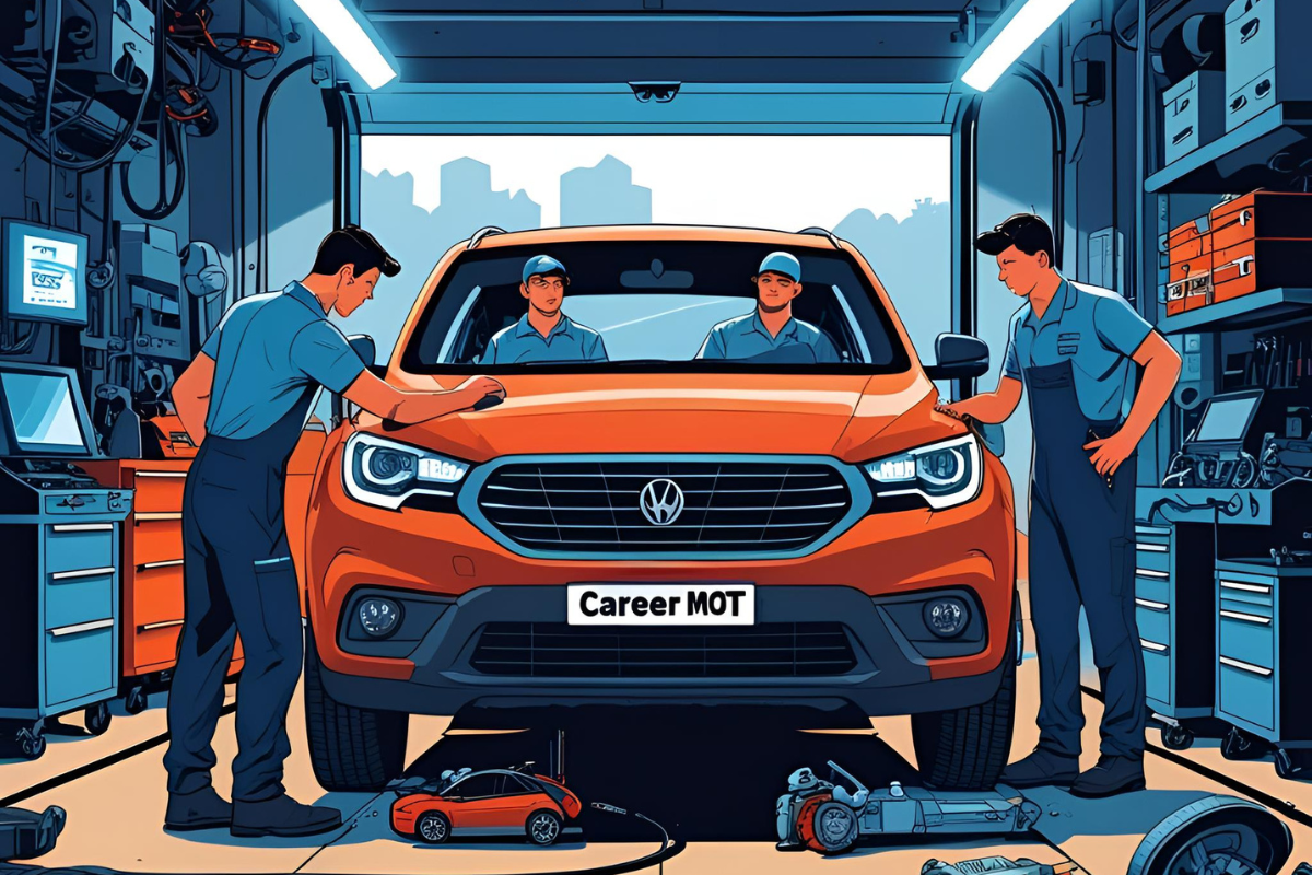 Car showing career MOT and four mechanics