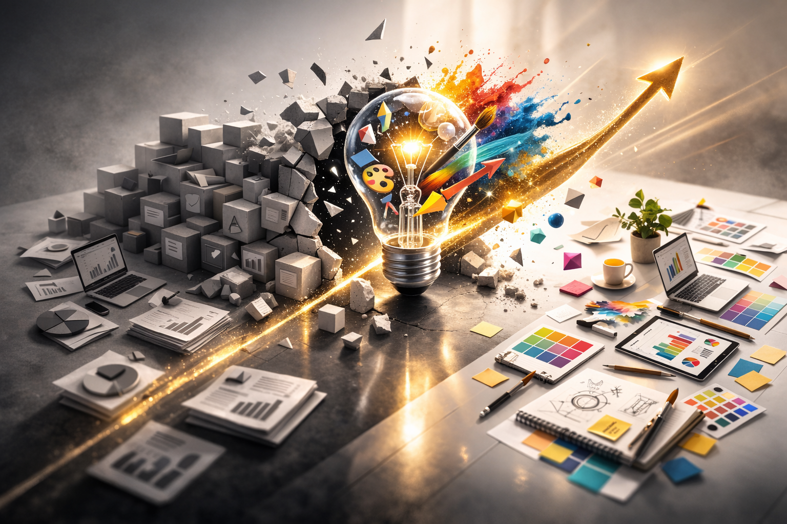 idea generation and lightbulb with papers