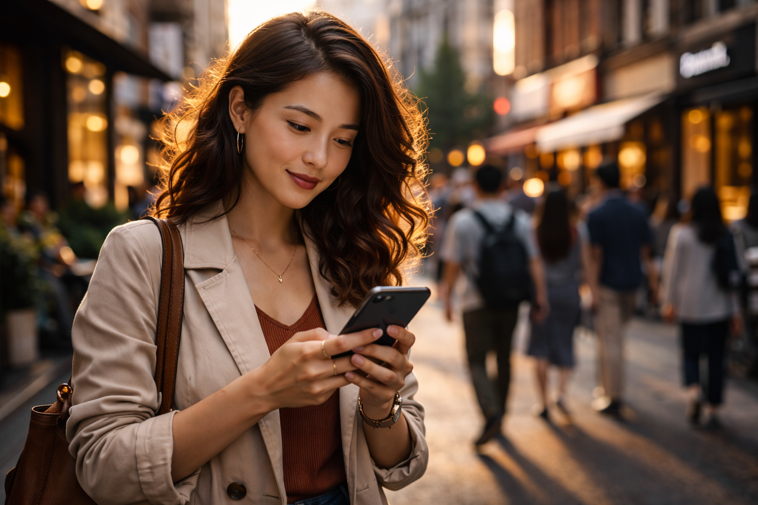 Woman with smartphone in golden hour glow