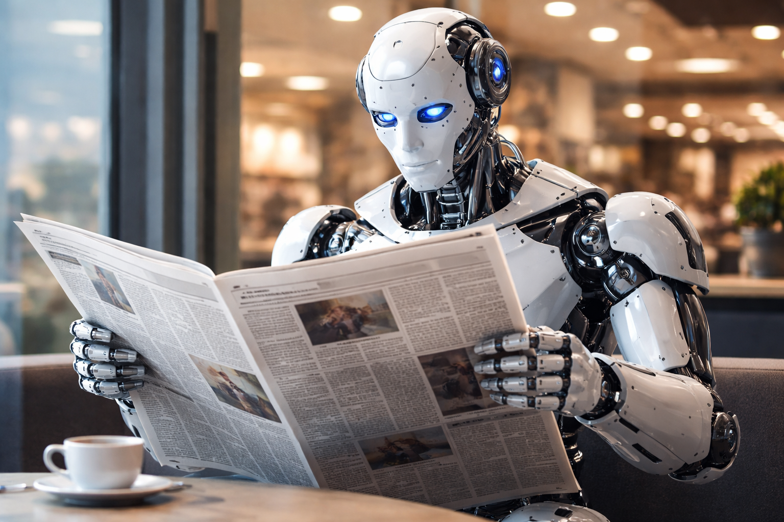 Robot reading a newspaper