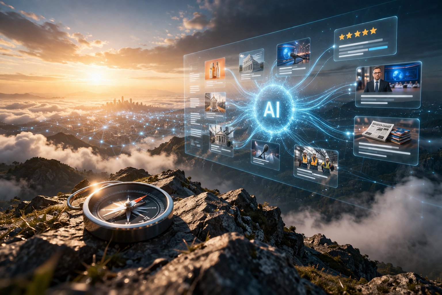 Futuristic landscape with AI interface