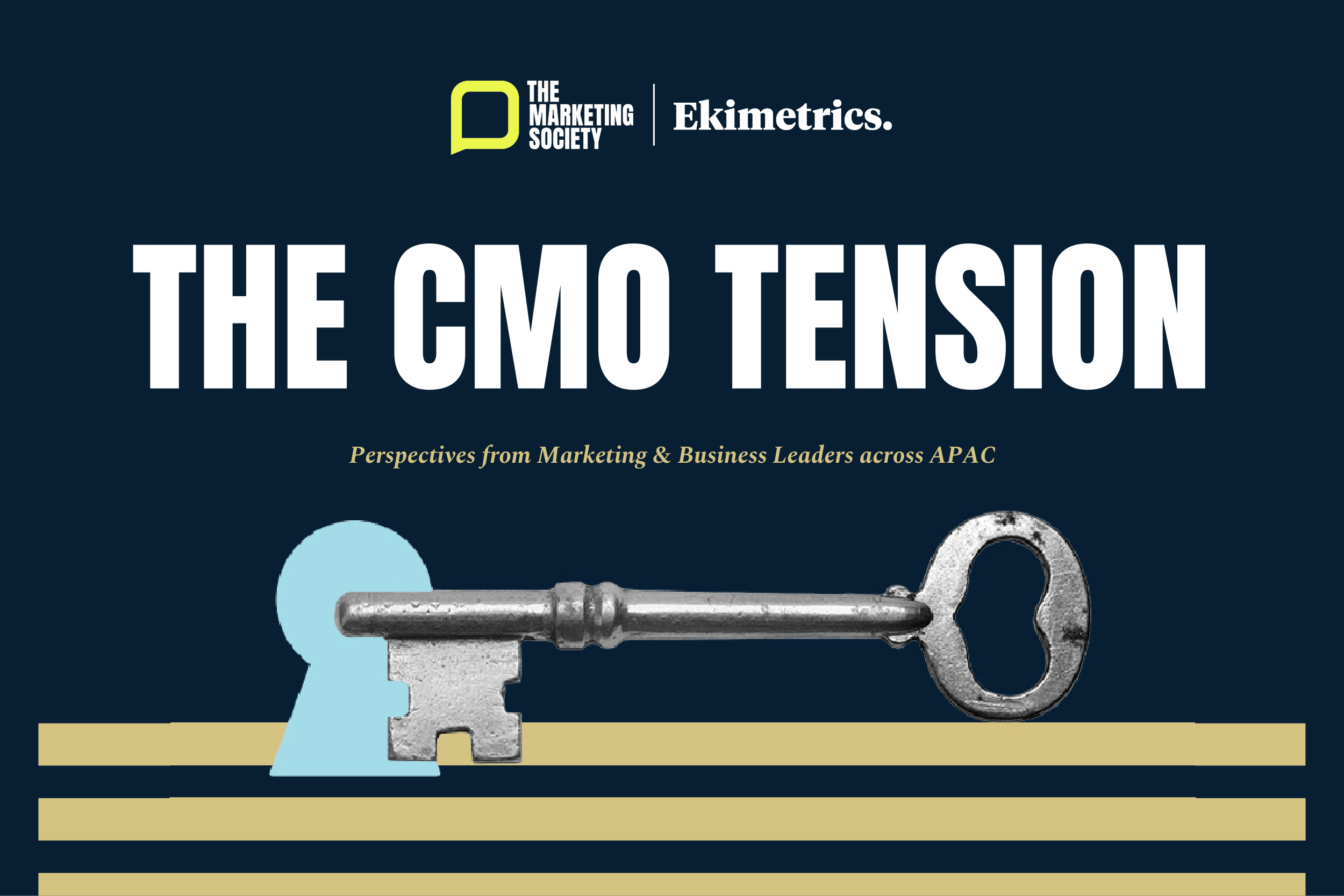 The CMO Tension Report showing The Marketing Society and Ekimetrics logo and a key to unlocking it