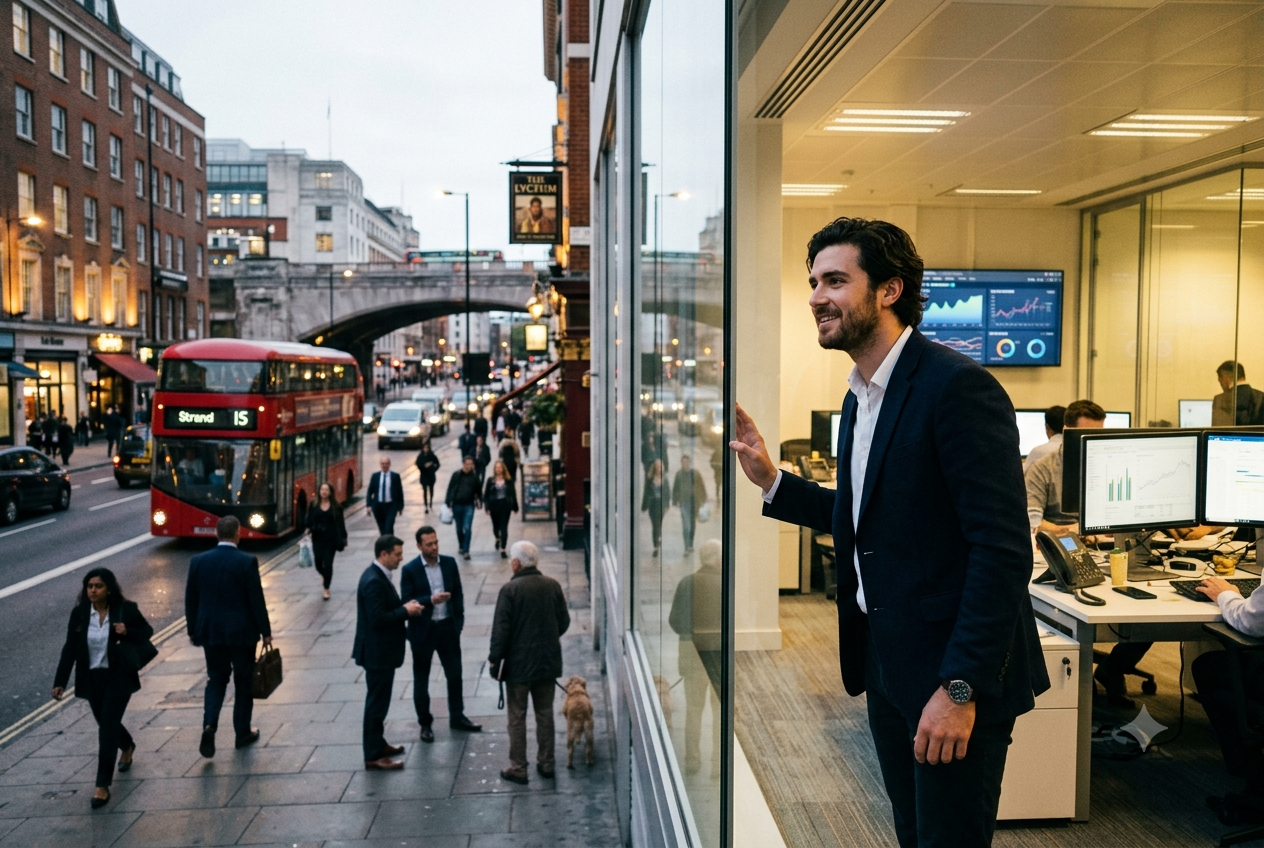 Man standing in office above London street