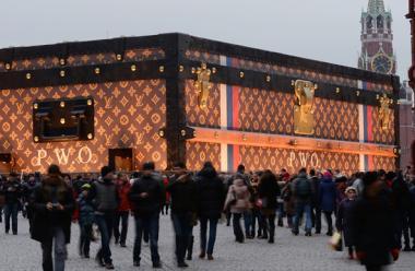Louis Vuitton's pop-up installation of red striking shipping
