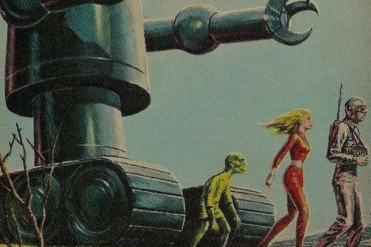 Vintage science fiction illustration showing three humanoid figures walking on what appears to be an alien planet's surface