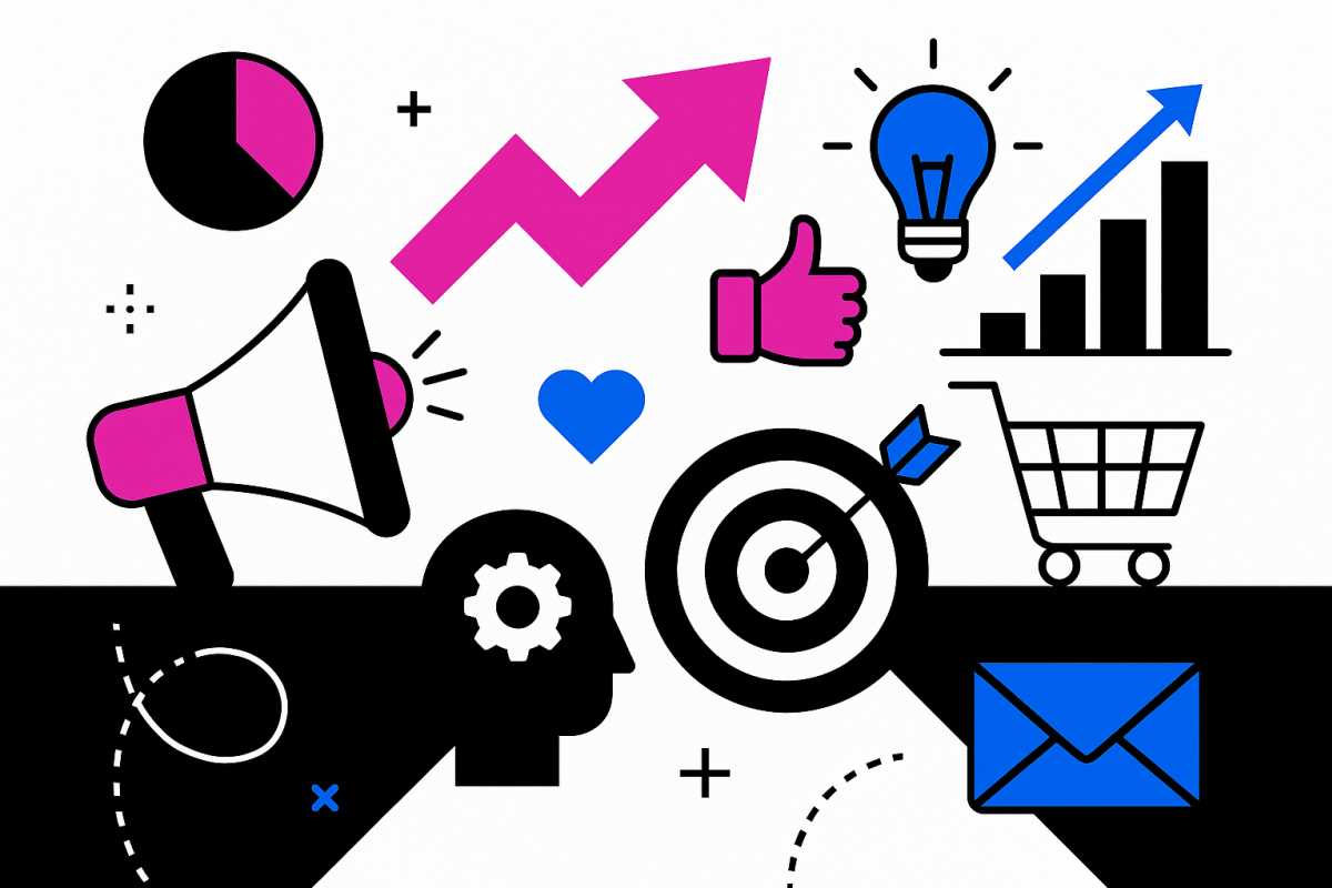A mix of images and icons to do with marketing
