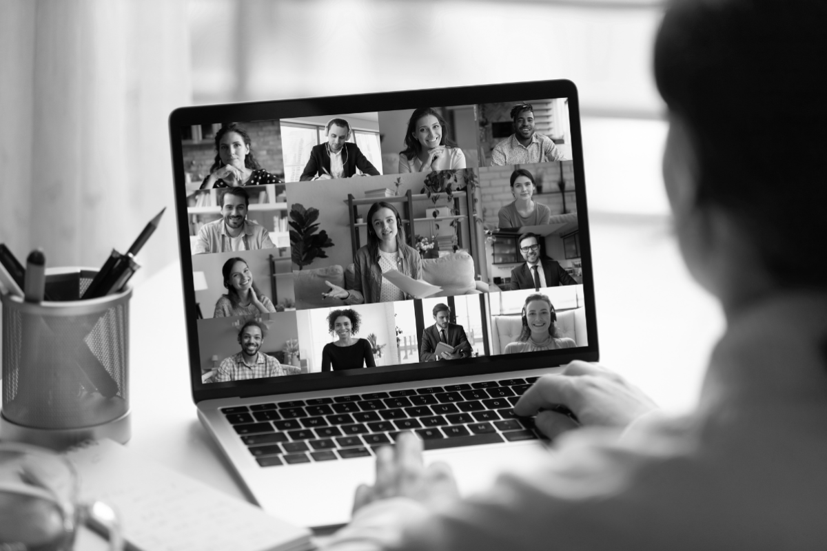 Talking on a virtual event on a laptop