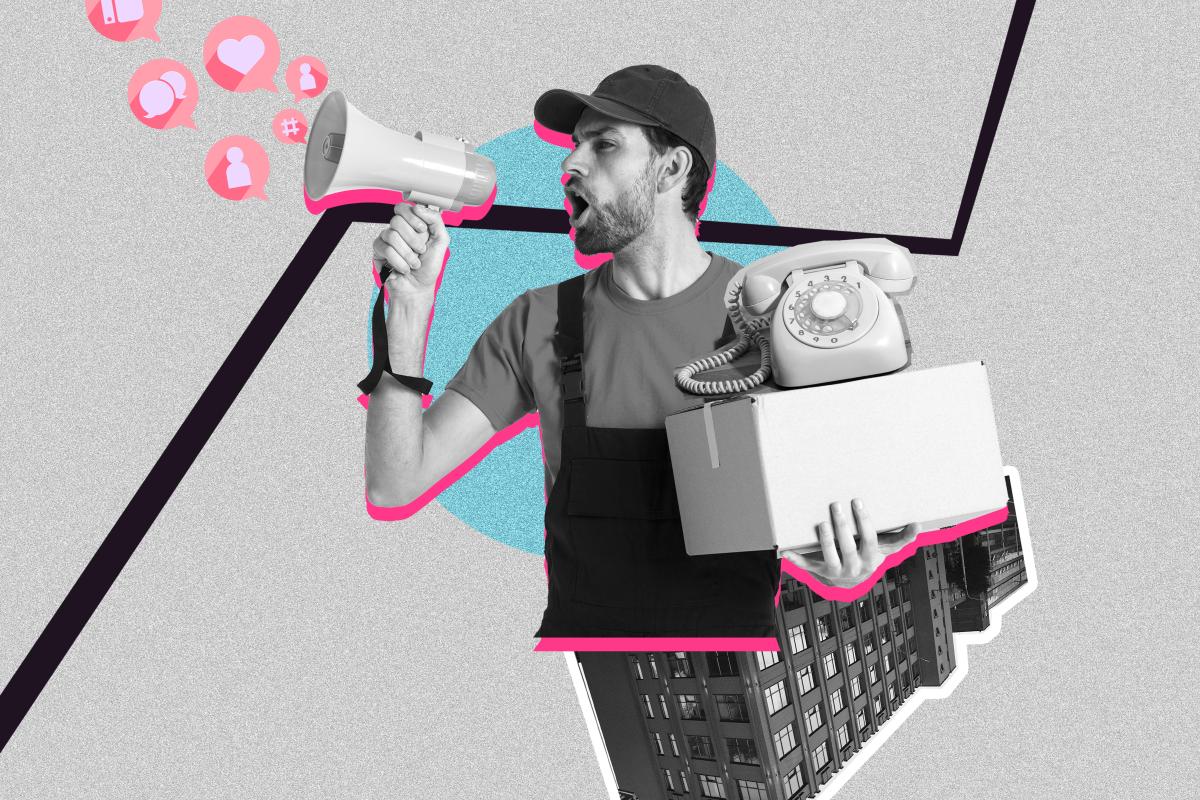 "Collage of a man with a megaphone and retro telephone, symbolizing the evolution of communication in the creator economy, with icons of social engagement and growth lines in the background.