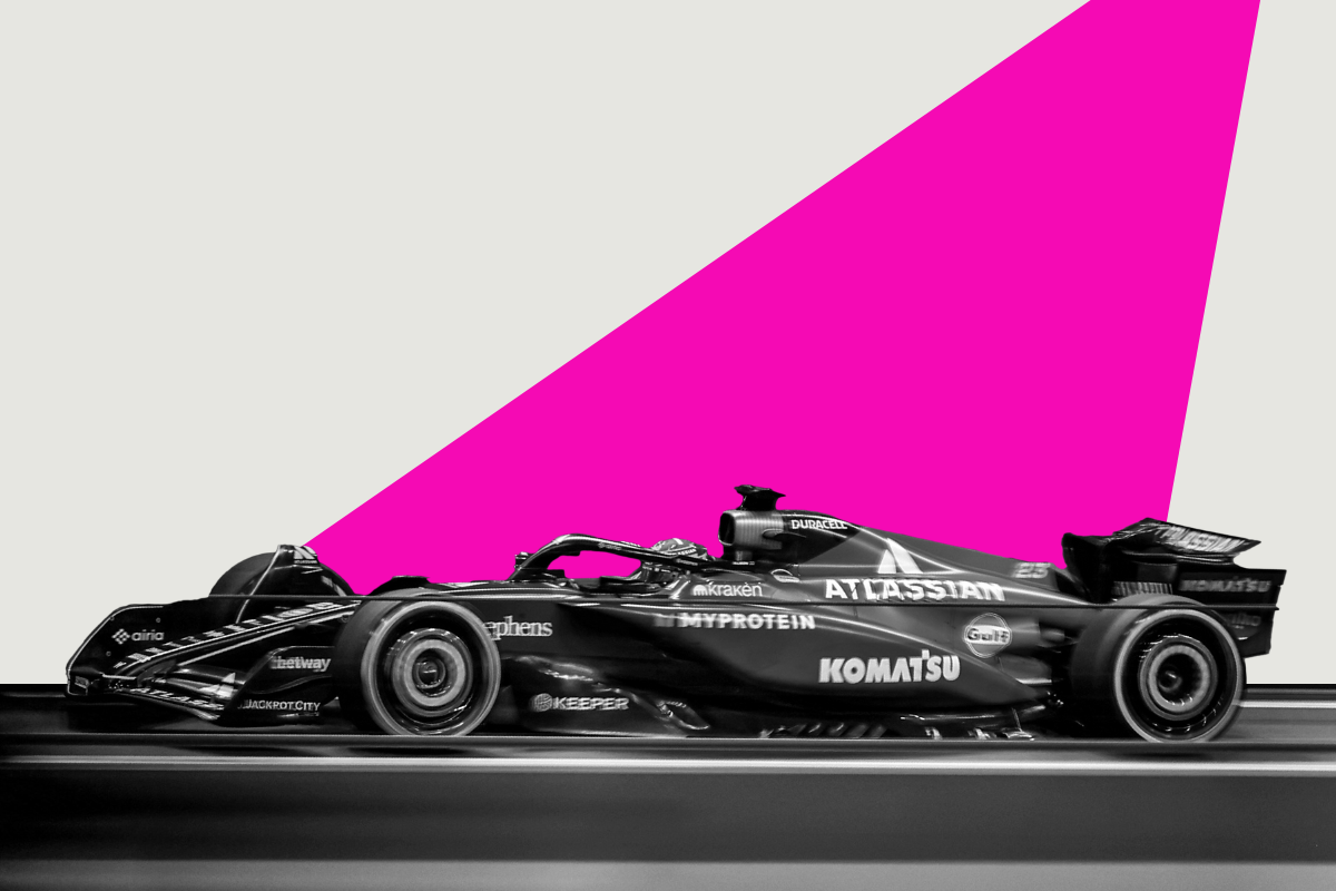 Formula 1 Williams Racing car in motion, symbolising speed, precision, and transformation — promoting an exclusive event with Team Principal James Vowles and Advisor Peter Kenyon on leadership, culture, and brand resurgence.