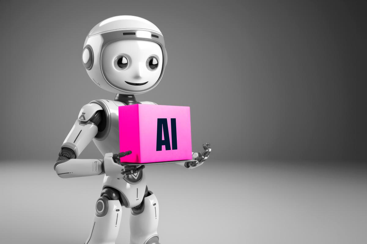 A robot holding a box that depicts a toolkit