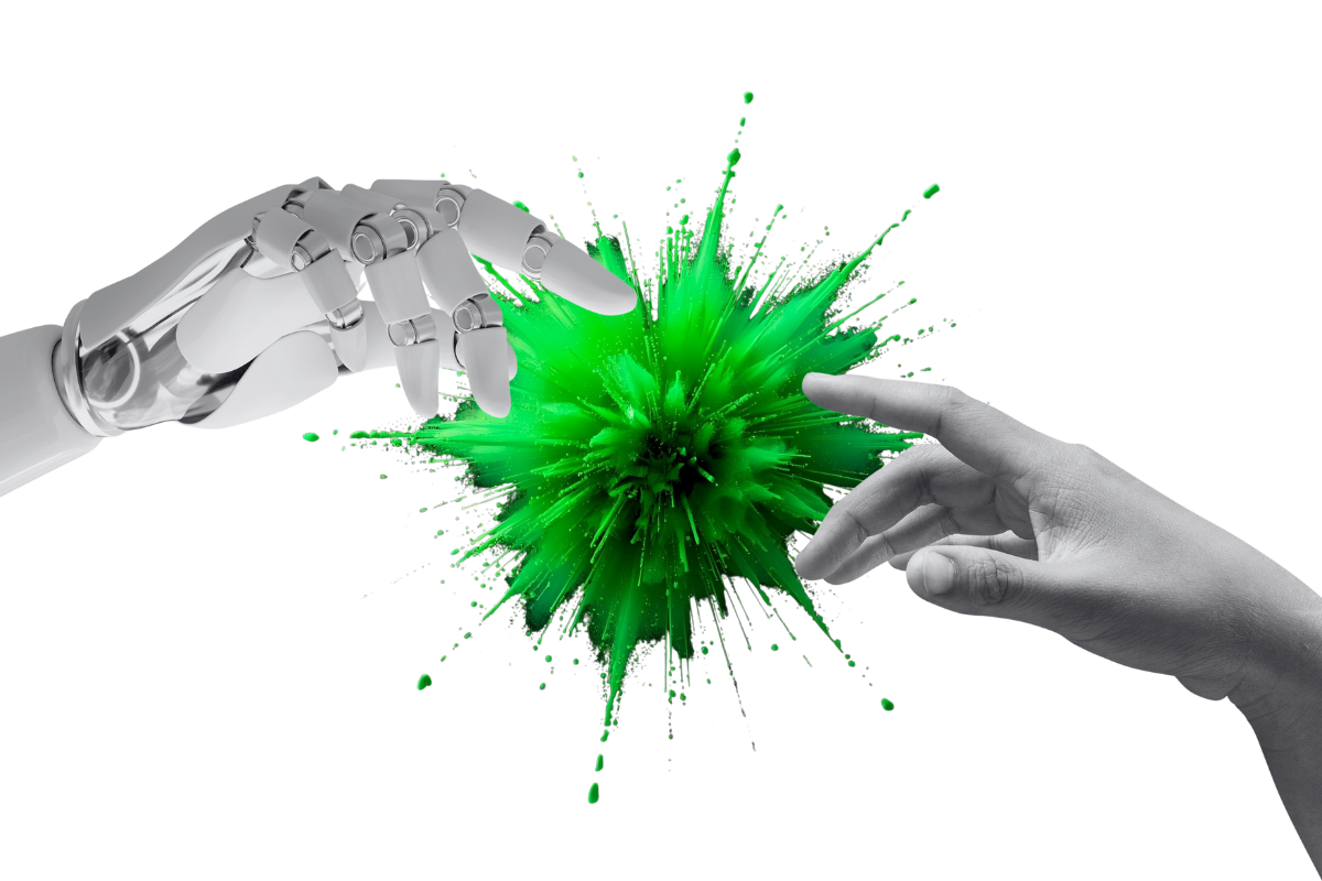 A robotic hand and a human hand pointing towards each other with a dash of green in the background
