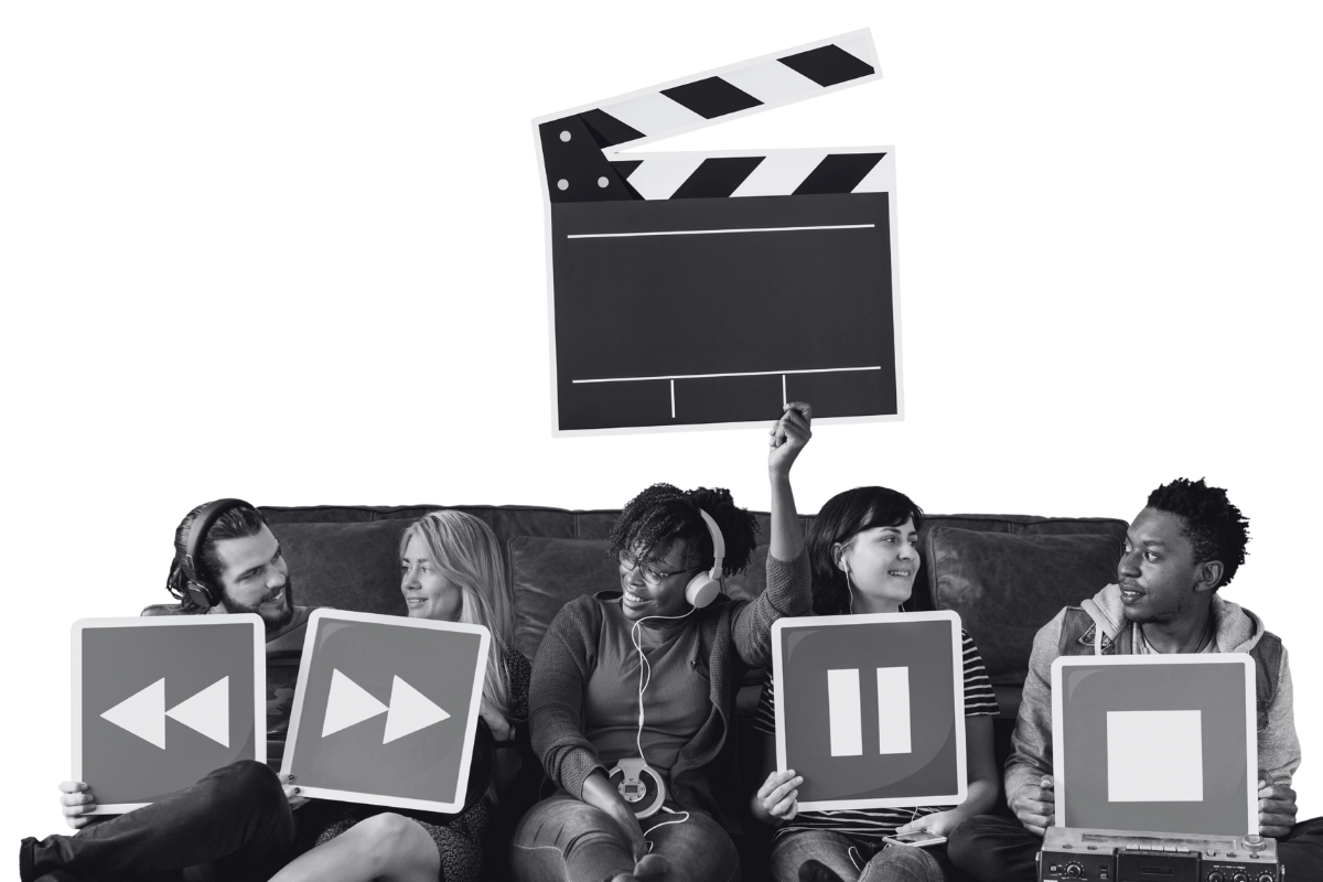 People holding media player icons and a clapper icon