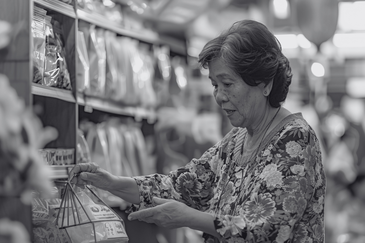 An elderly Chinese woman checking out a product to buy