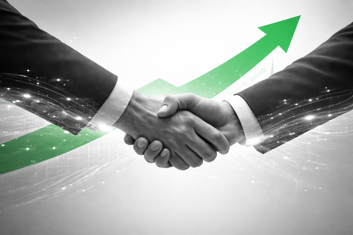 Black and white image of two business leaders shaking hands, surrounded by subtle AI-inspired digital sparks, with a bold green upward arrow in the background symbolising business growth, trust, and the evolving role of AI in B2B growth.