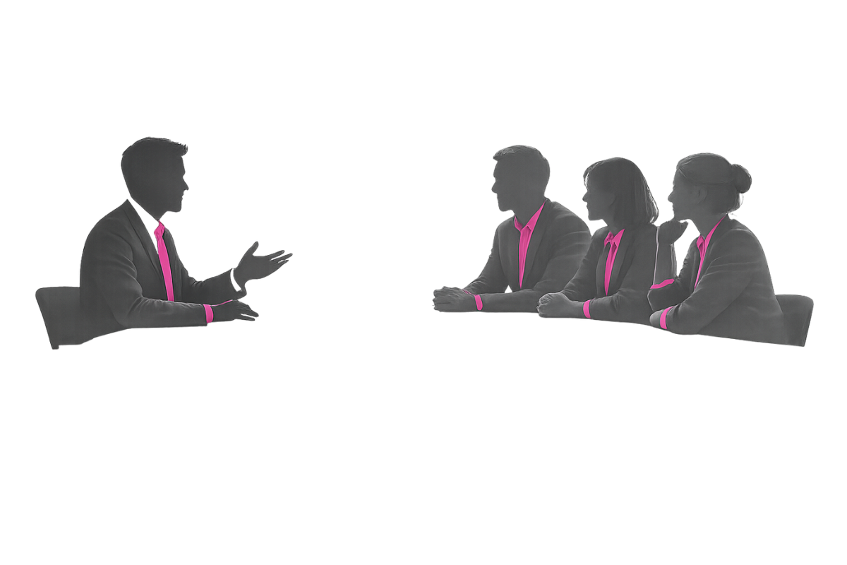 Grayscale illustration of a business meeting where one person is speaking across a table to three attentive listeners, with selective bright pink accents on ties and clothing highlighting key elements against a clean, minimal background.