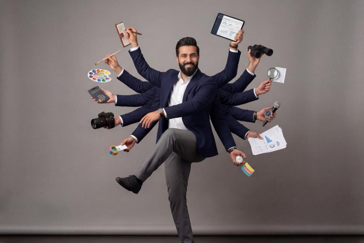 Man juggling all kind of tech