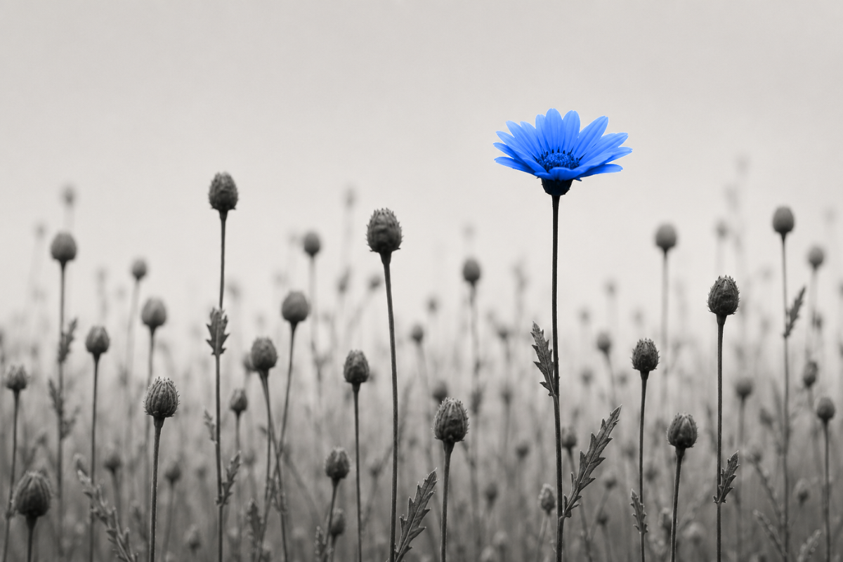 A blue bloom in a grey field