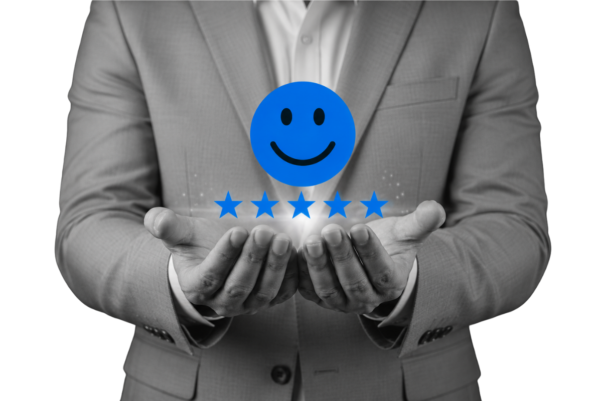 Black-and-white promotional image of a person in a light grey suit holding their hands open, with a glowing blue smiley face and five blue stars floating above their palms. The background is dark and dramatic, creating a sleek corporate and customer satisfaction theme.