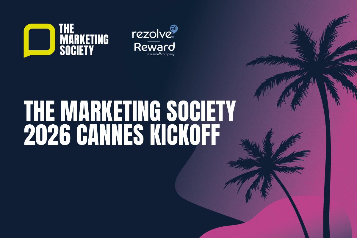 Navy and pink background with navy palm trees on the right hand side. Top left has The Marketing Society and Reward logo. Writing across the image says The Marketing Society 2026 Cannes kickoff