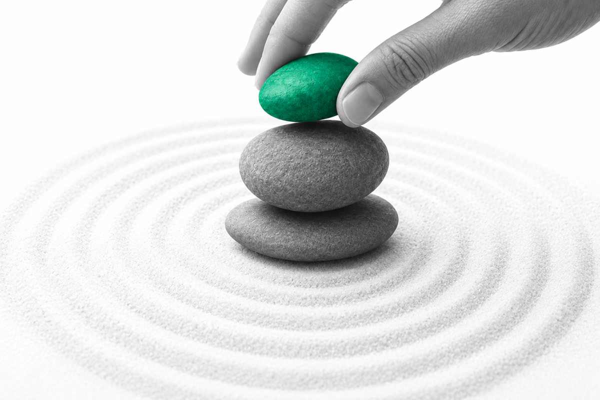 A hand carefully places a bright green stone atop a stack of slate-grey pebbles arranged on white sand with concentric ripples, symbolising balance, focus, and mindful decision-making.