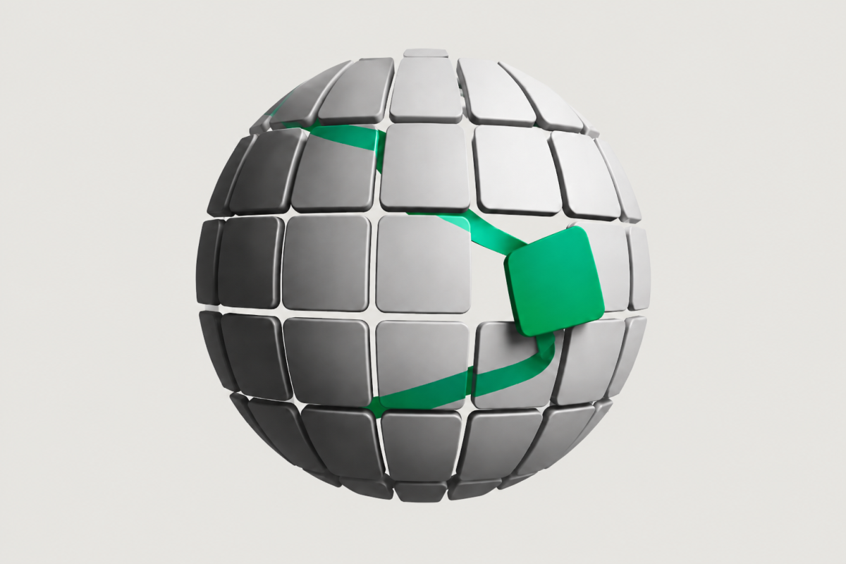 Abstract grayscale globe made of uniform tiles, with one bright green tile breaking from the pattern and a green path weaving through the structure.