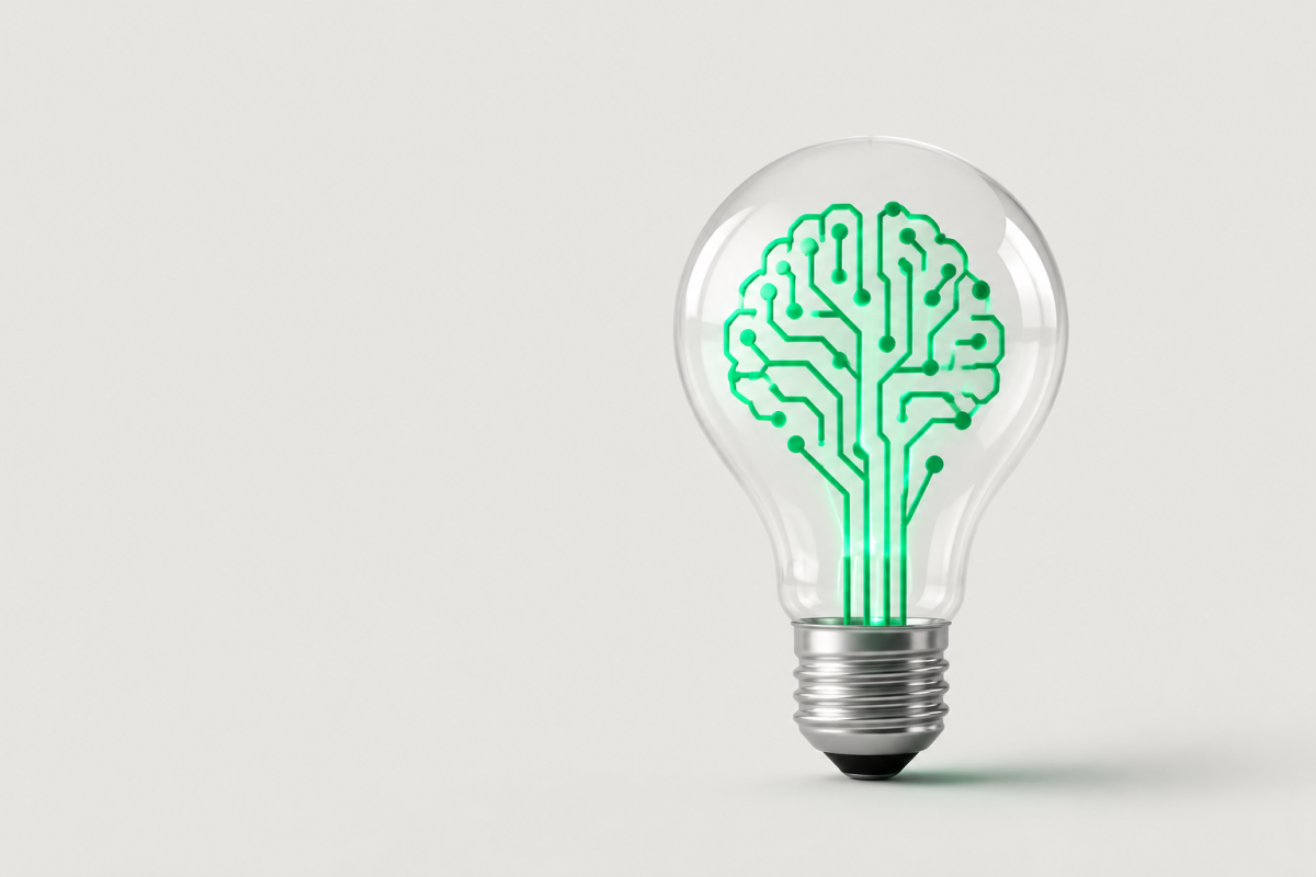 A clear glass lightbulb on a pale grey background, containing a bright green circuit-style brain, representing AI, ideas and innovation.