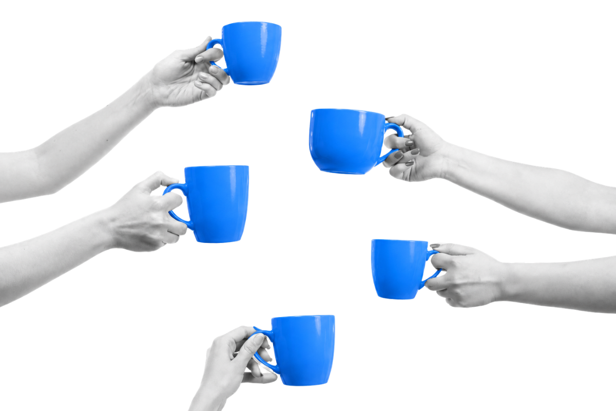 Several hands holding blue coloured coffee mugs
