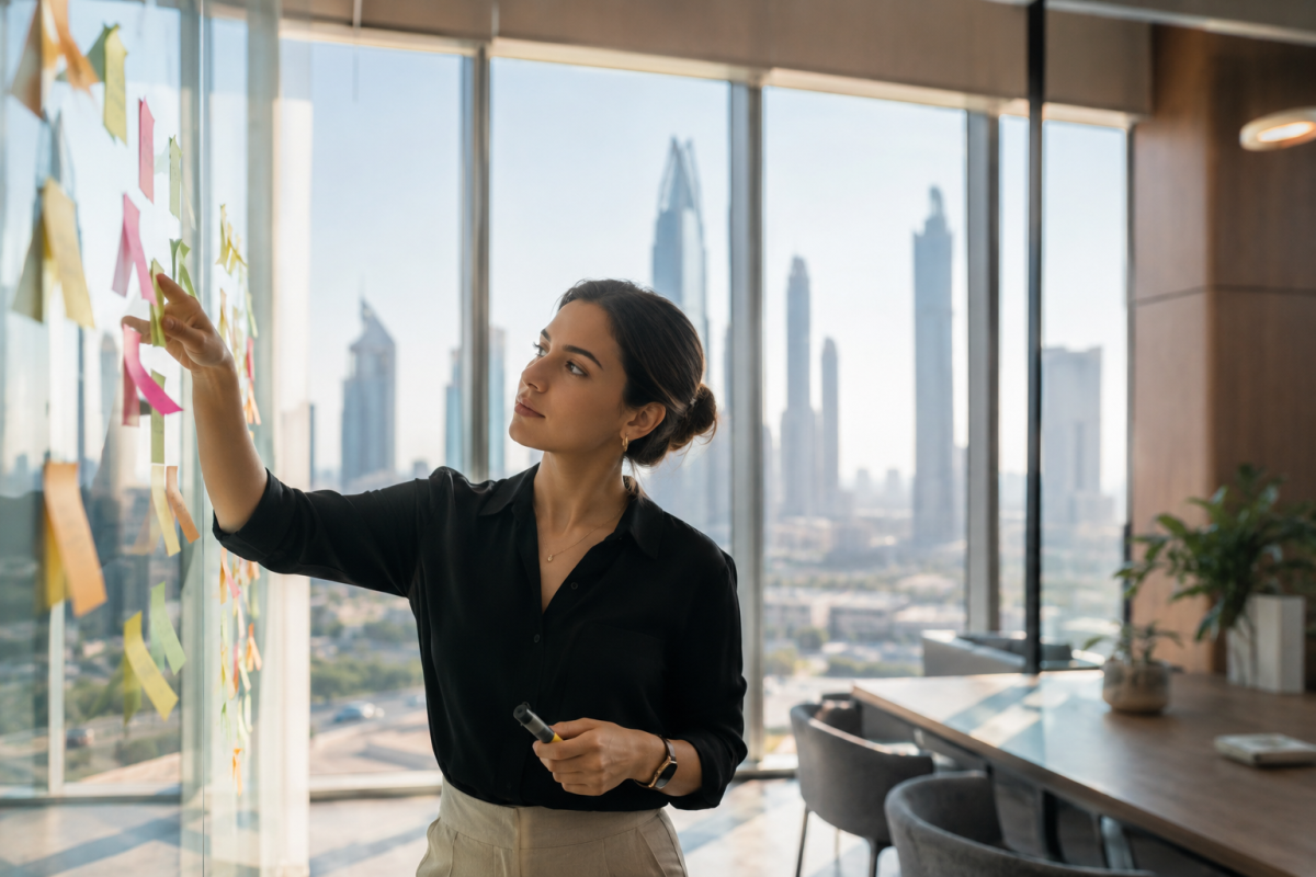Marketing leader developing ideas on a glass wall in a modern Dubai office, reflecting ambition, experimentation and visible impact.