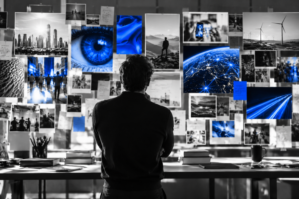 Marketer standing in front of creative strategy wall