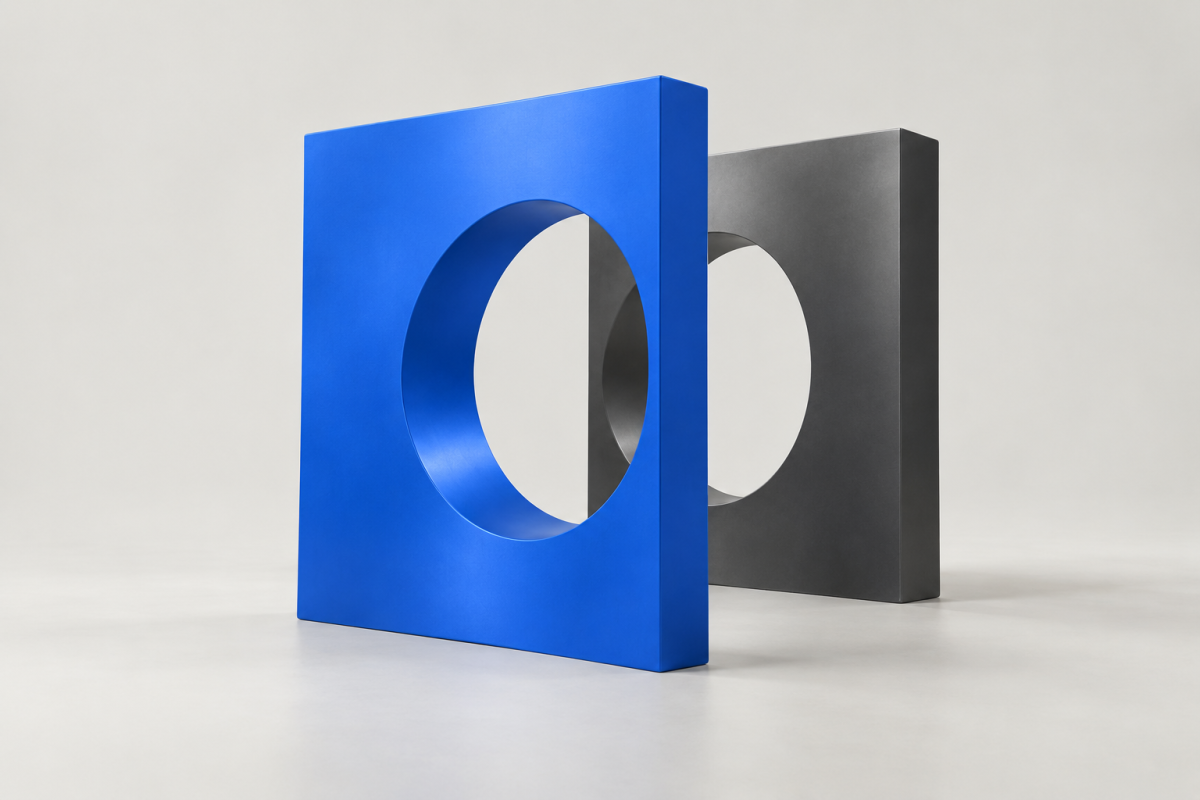 Blue and charcoal panels with aligned circular openings against a light grey background, representing shared direction in client-agency partnerships.