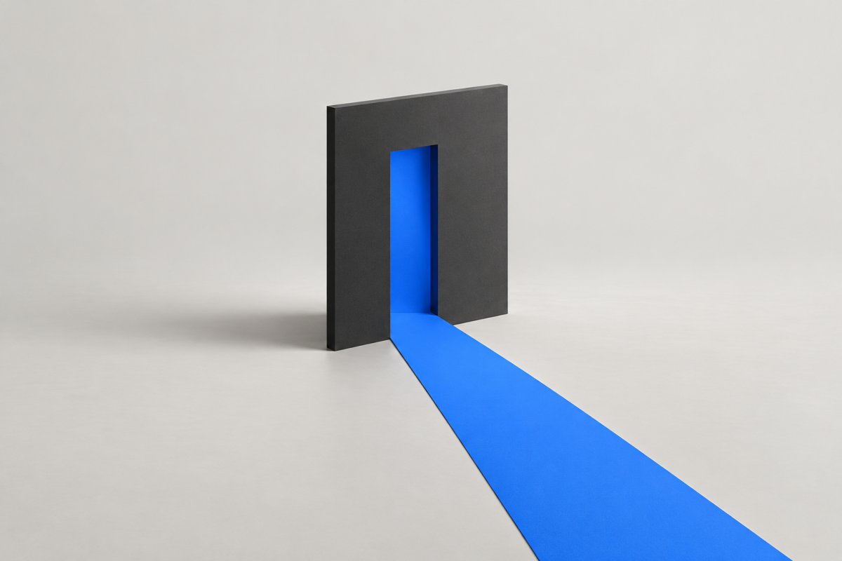 A blue pathway leads through a narrow opening in a charcoal wall against a light grey background, suggesting a clear route to better commercial decisions.