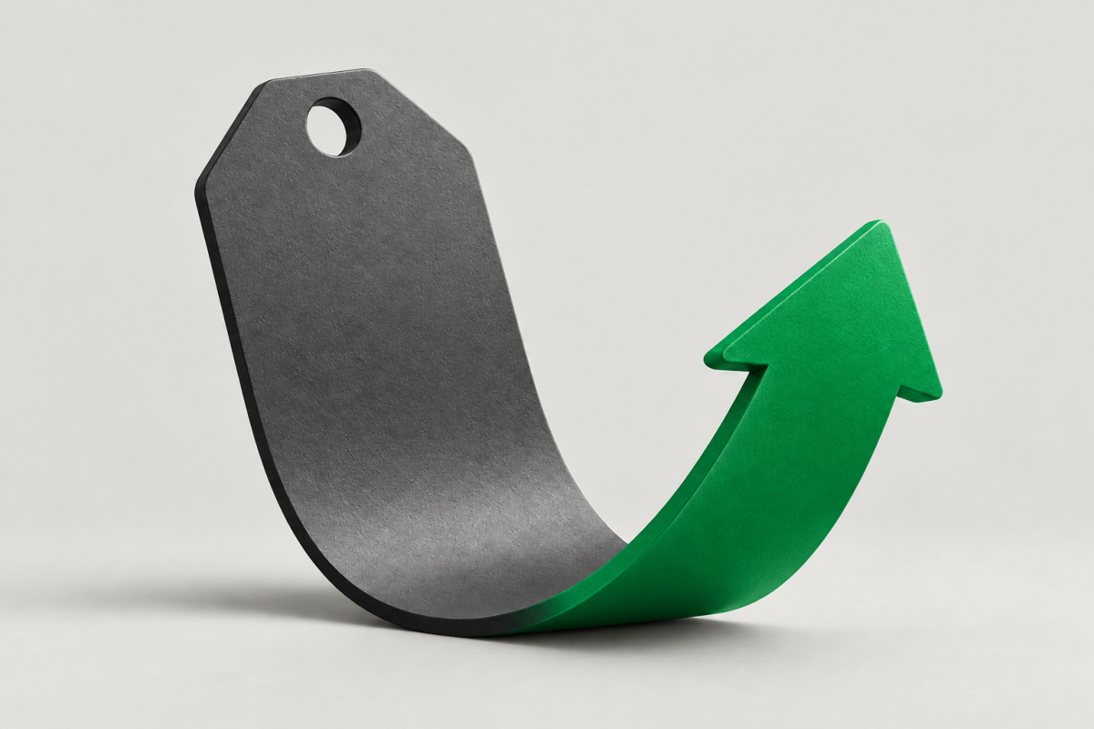 A charcoal price tag curves into a green upward arrow against a light grey background, representing pricing that supports brand growth.
