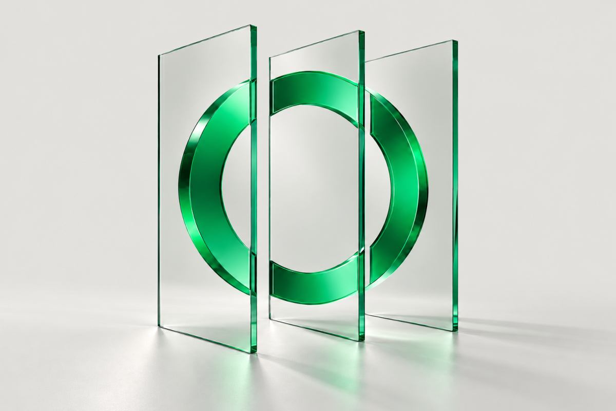 Three transparent glass panels align to form a bright green ring against a light grey background, symbolising transparency and alignment