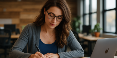 Woman in workplace practising mindfulness
