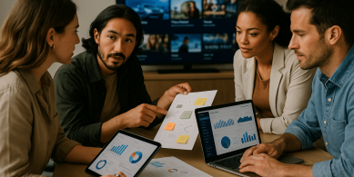 People gathered around a table talking marketing 