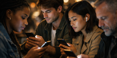 Engrossed in screens amidst city lights