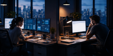 Focused contrasts in an office at dusk