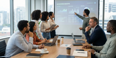 group of people in an office discussing marketing