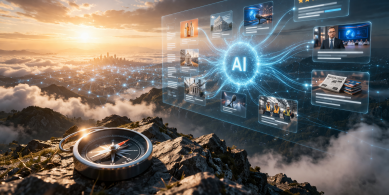 Futuristic landscape with AI interface