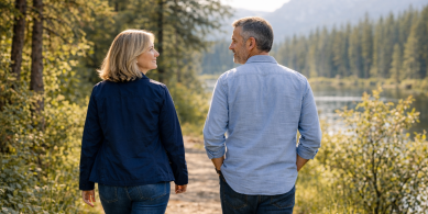 people walking together talking side by side