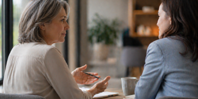 Engaged conversation in a cozy workspace