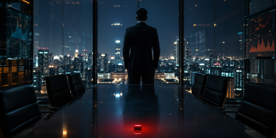 Contemplative executive in a high-rise boardroom  