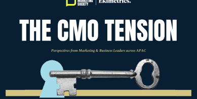 The CMO Tension Report showing The Marketing Society and Ekimetrics logo and a key to unlocking it