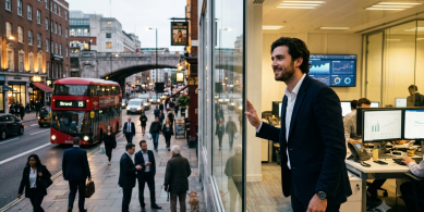 Man standing in office above London street