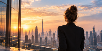 A woman in a dark business suit stands on a rooftop overlooking a modern city skyline at sunset, symbolising ambition, leadership and human vision in the age of AI.