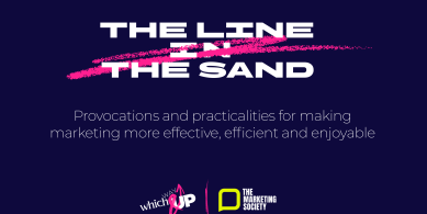  The Line in the Sand report cover showing The Marketing Society and WhichWayUp logos, with a pink line struck through the title