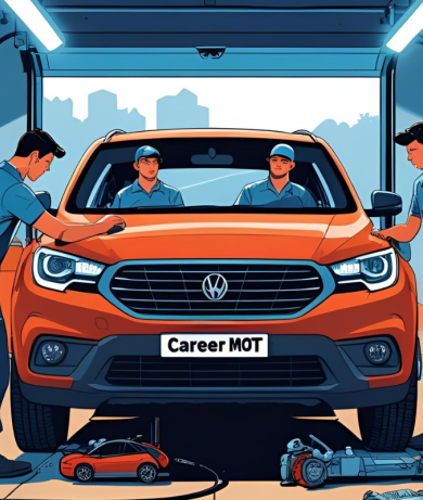 Car showing career MOT and four mechanics