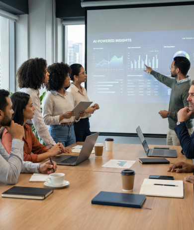 group of people in an office discussing marketing