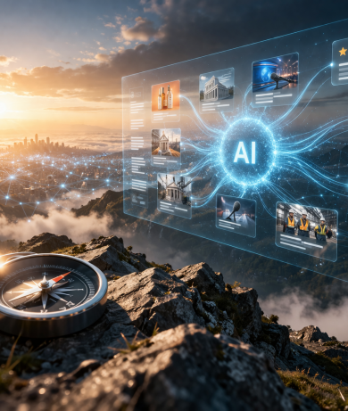 Futuristic landscape with AI interface